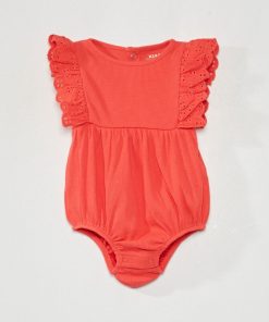 Body côtelée avec volants brodées - Rouge
