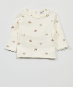 T-shirt en maille côtelée col volanté - Blanc