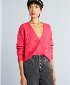 Gilet boutonné en maille ajourée - rose azalée