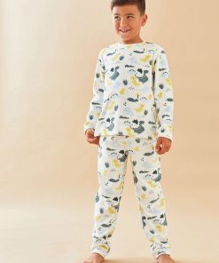 Pyjama 2 pièces imprimés dino en velours, écru/bleu - Blanc