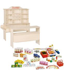 ROBA Grande Marchande Enfant en Bois + Caisse Enregistreuse et 100 Pièces d'Accessoires - Naturel - N/A