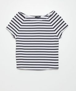 T-shirt crop top côtelé - Blanc/noir