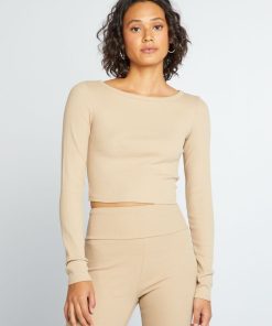 T-shirt cropped côtelé - Beige