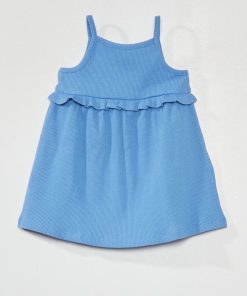 Robe côtelée avec empiècement volanté - Bleu
