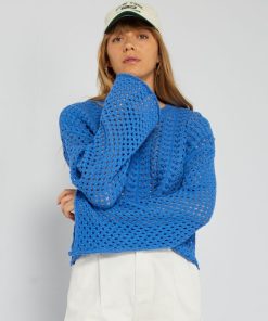 Pull en maille crochet manches larges - Bleu