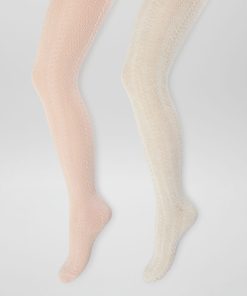 Lot de 2 collants en maille torsadée - Rose/blanc