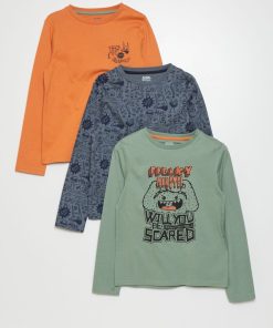 Tee-shirt en jersey à manches longues - Lot de 3 - Kaki/orange/bleu
