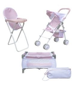 Poussette de poupée 3 en 1, chaise haute et lit rose gris pour enfant Olivia's Little World - N/A