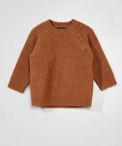 Pull côtelé avec ouverture à boutons - Marron foncé