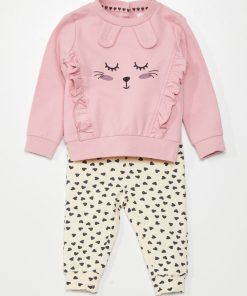 Ensemble sweat + pantalon - 2 pièces - rose/beige