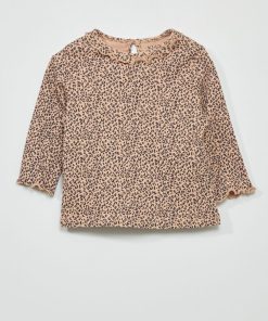 T-shirt en maille côtelée col volanté - Beige/noir