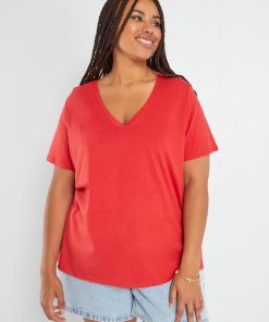 T-shirt en jersey à col V - Rouge