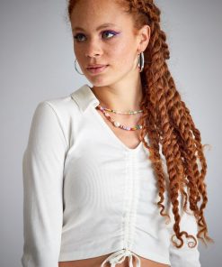 T-shirt col polo en maille côtelée - blanc
