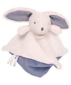 doudou Babynat Lapin Blanc et Bleu Celeste Les Flocons Plat - Blanc