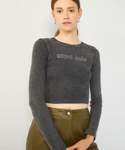 Tee-shirt crop top message à strass - Gris foncé