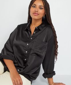 Chemise longue satinée - Noir