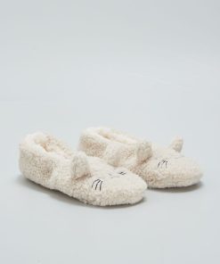 Chaussons ballerines 'chat' - Ecru