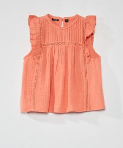 Blouse sans manches en gaze de coton - Corail