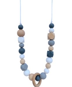 Collier d'allaitement ou de portage silicone et bois 'Grey & wood ring' - Gris clair