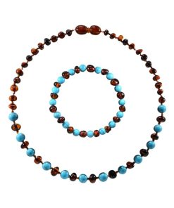 Box bracelet adulte et collier bébé - Ambre et pierres naturelles - Ambre Cognac / Turquoise bleue - Marron