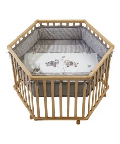 ROBA Parc Bébé Hexagonal en Bois "Jumbo Twins" + Tapis de Parc et Roues à Freins - Blanc - Marron