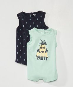 Lot de 2 barboteuses en jersey - Bleu marine/vert