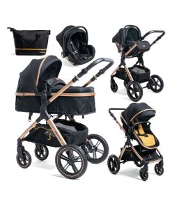 Poussette combinée trio 3 en 1 - siège auto 0m – nacelle – jusqu’à 22kg - Premium - Gold - Noir