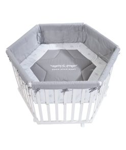 ROBA Parc Bébé Hexagonal en Bois "Rock Star Baby" + Tapis de Parc et Roues à Freins - Blanc - Blanc