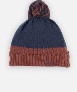 Bonnet tricoloudoux à pompon, caramel/bleu - Bleu