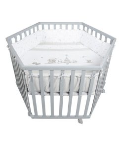 ROBA Parc Bébé Hexagonal en Bois "Sternenzauber" + Tapis de Parc - Hauteur Réglable - Gris - Blanc