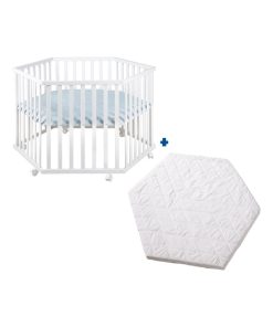 ROBA Parc Bébé Hexagonal + Matelas et Tapis de Parc "roba Style" en Bleu Clair - Bois Blanc - Blanc Bleu ciel