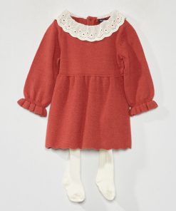 Robe en maille tricot + collants - 2 pièces - Rouge