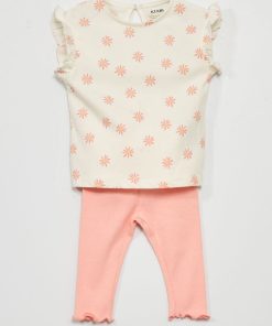 T-shirt en jersey + legging - 2 pièces - Blanc/rose
