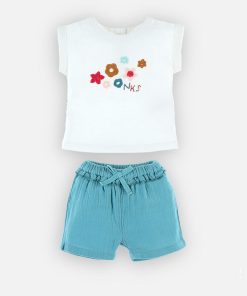 Set T-shirt + Short En Coton Bio, Écru/aqua - Bleu
