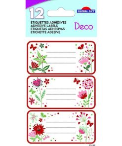 12 étiquettes adhésives scolaires - Rectangle - Fleurs et coeurs - Paillettes - N/A