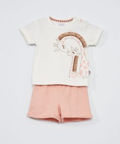 Ensemble tee-shirt girafe + short - 2 pièces - rose/blanc