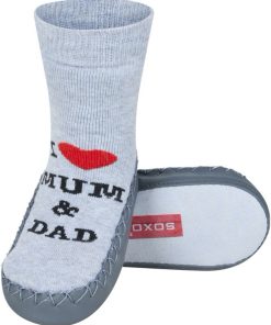 Chaussons chaussettes bébé avec semelle en cuir, I love Mum & Dad - Gris