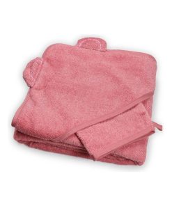 Cape de bain + gant ours rose (100 x 100 cm) - Rose