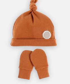 Set bonnet et moufles en coton BIO, - Beige