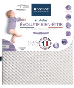 Matelas bébé Évolutif bien-être déhoussable - 70cm x 140cm x 12cm - Blanc