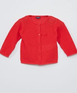 Gilet en maille côtelée et ajourée - rouge cerise