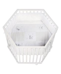 ROBA Parc Bébé Hexagonal en Bois "Fox & Bunny" + Tapis de Parc et Roues à Freins - Blanc - Blanc
