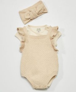 Barboteuse + body + bandeau - 3 pièces - BEIGE