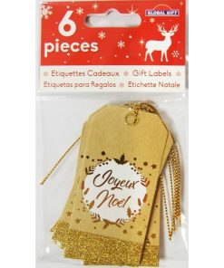 6 étiquettes cadeaux kraft "Joyeux Noël" - Paillettes dorées - N/A