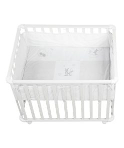 ROBA Parc Bébé en Bois 75x100 "Fox & Bunny" + Tapis de Parc Bébé et Roues à Freins - Blanc - Blanc