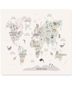 Affiche carte du monde animaux (42 x 29,7 cm) - Beige