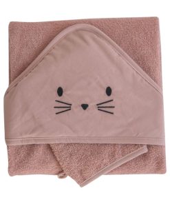 Cape de bain + gant chat terracotta (75 x 75 cm) - Rose