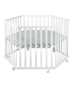 ROBA Parc Bébé Hexagonal ROBA Style + Tapis de Parc en Vert Givré - Bois Blanc - Blanc