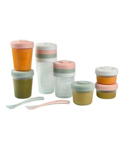 Pack 1er repas avec pots de conservation et cuillères Eucalyptus (14 pièces) - Rose