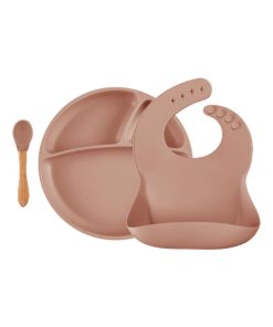 Coffret repas comme un grand, Assiette Cuillère Bavoir - Marron caramel